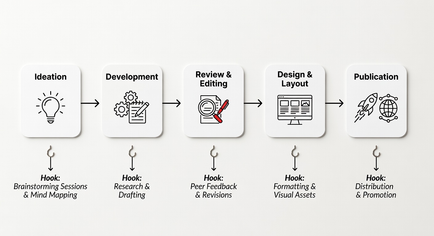 Content creation workflow showing multi-platform strategy and production process