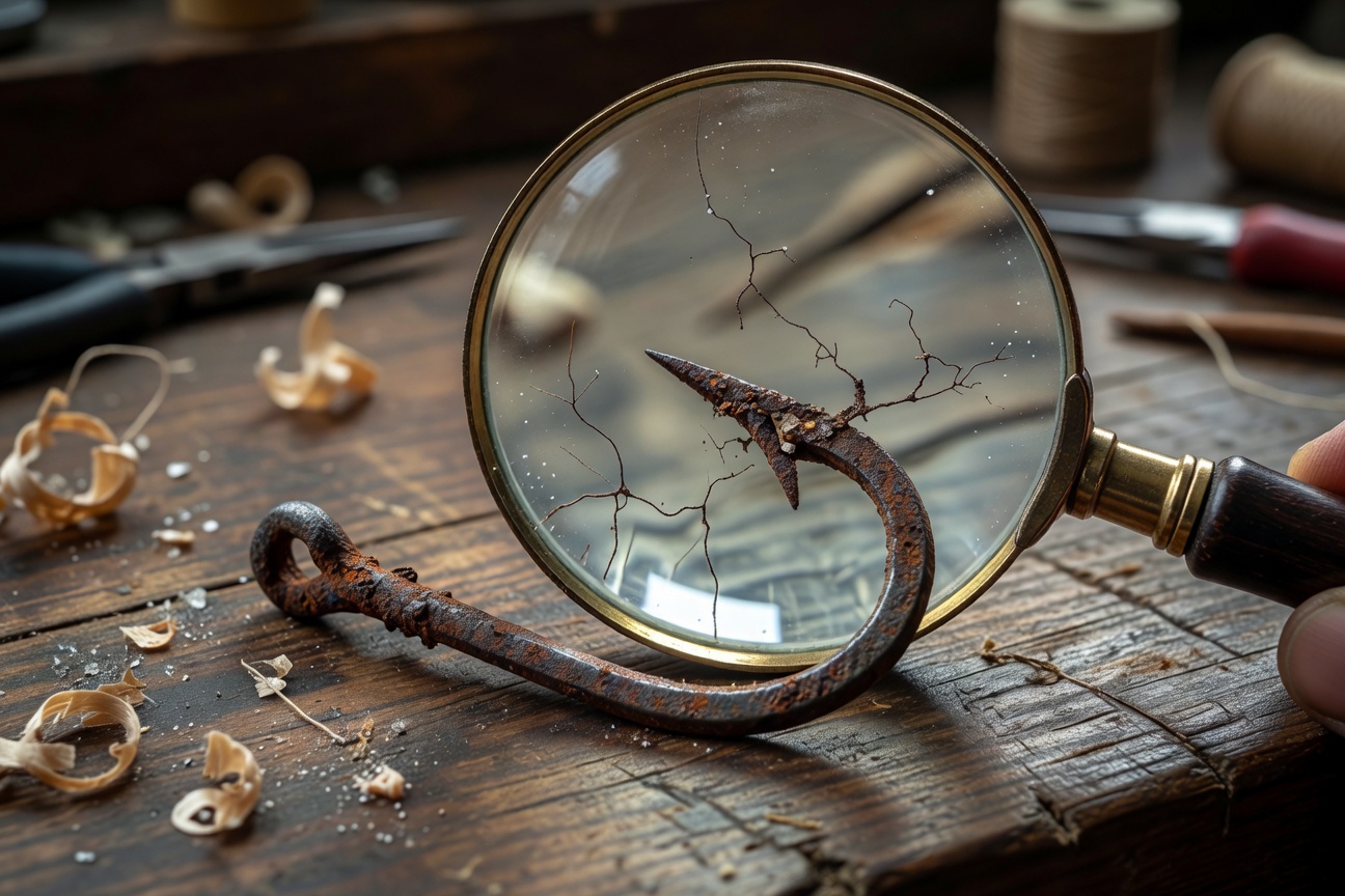 Examining hooks under magnifier lens representing deep analysis of hook performance data