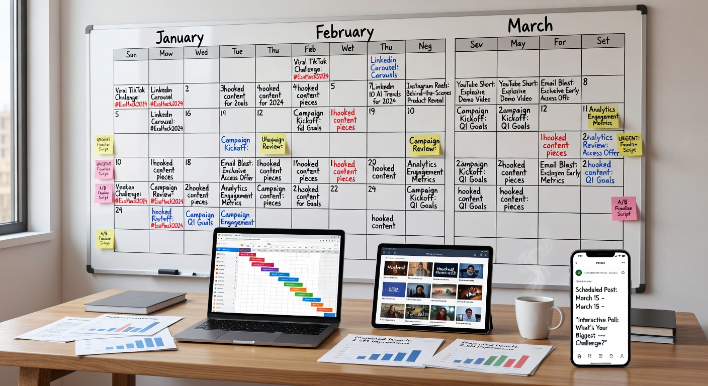 Content calendar showing planned curiosity hook sequencing across platforms