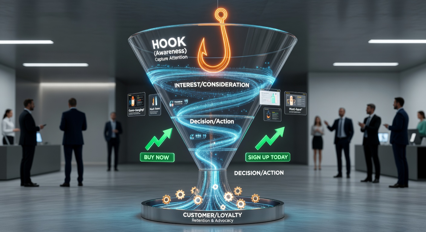 Marketing funnel showing where curiosity hooks belong — and where they can backfire